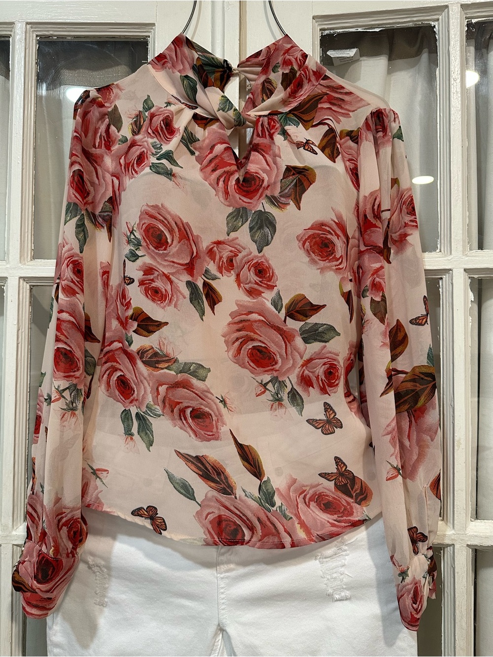 MOTF Premium Romantic Elegant Floral Rose Print Long Sleeve Blouse